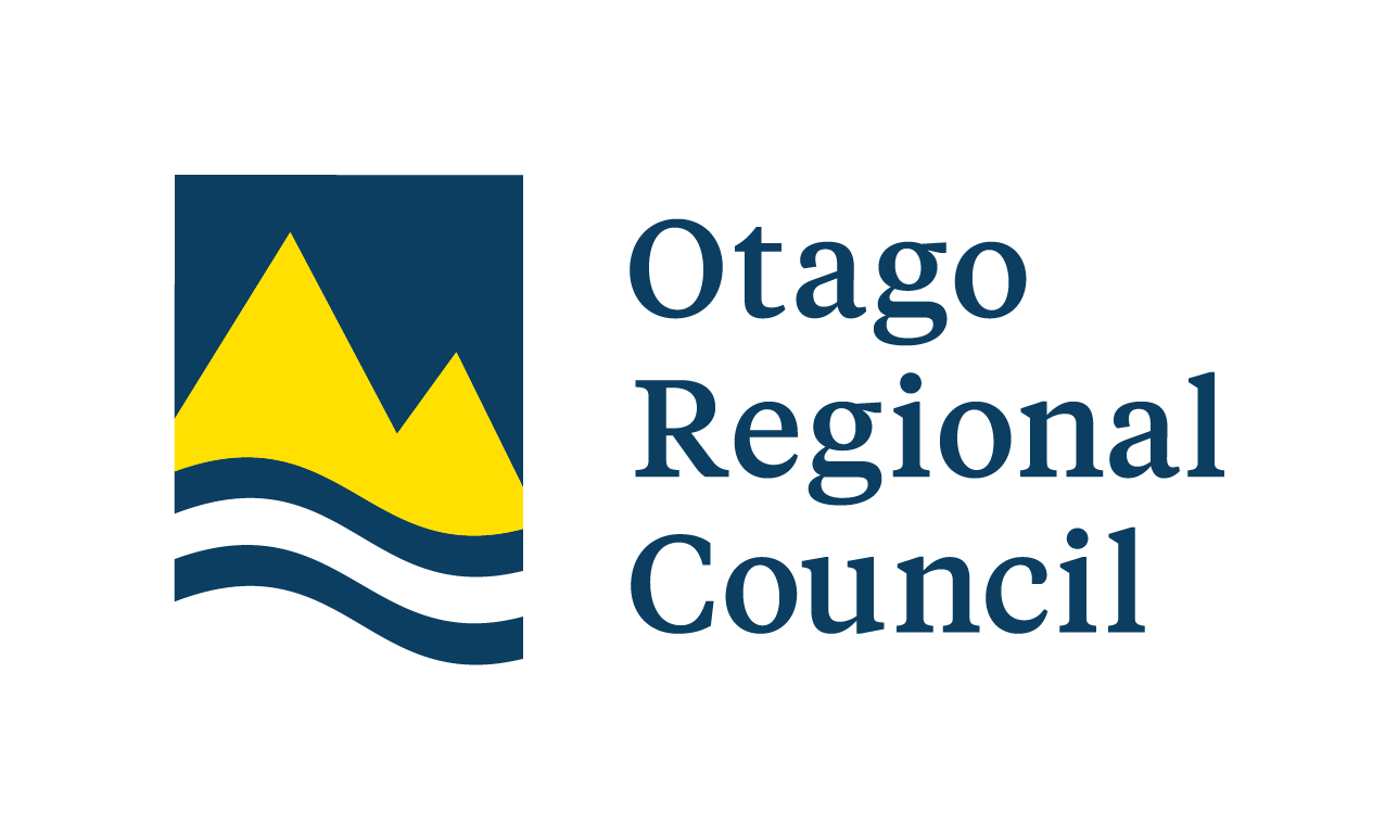 Logo of Otago Regional Council. Golden mountains with a dark blue background and blue and white waves in front.